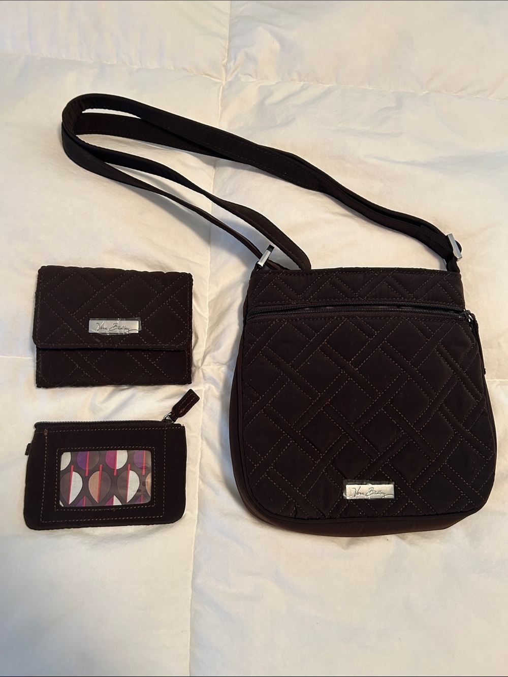 Vera Bradley Chocolate Brown Quilted Crossbody Set with Wallet and ID Pouch